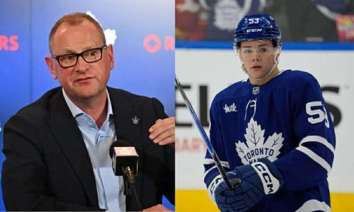Toronto Maple Leafs GM Brad Treliving (left) and Toronto Maple Leafs forward Easton Cowan (right) Toronto Maple Leafs GM Brad Treliving (left) and Toronto Maple Leafs forward Easton Cowan (right)