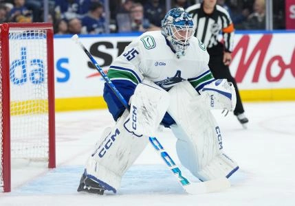 Jan 10, 2026; Toronto, Ontario, CAN; Vancouver Canucks goaltender Thatcher Demko (35) waits for the faceoff against the Toronto Maple Leafs during the first period at Scotiabank Arena.