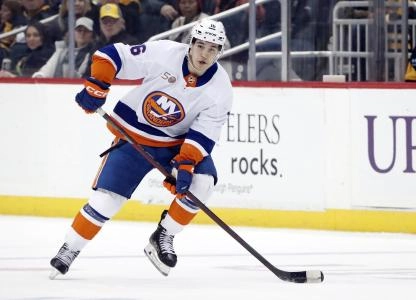 Feb 20, 2023; Pittsburgh, Pennsylvania, USA; New York Islanders left wing Arnaud Durandeau (16) skates up ice with he puck in his NHL debut against the Pittsburgh Penguins during the second period at PPG Paints Arena.