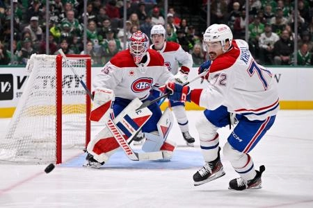 Jan 4, 2026; Dallas, Texas, USA; Montreal Canadiens goaltender Sam Montembeault (35) and defenseman Arber Xhekaj (72) faces the Dallas Stars attack during the game between the Stars and the Canadiens at the American Airlines Center. Mandatory Credit: Jerome Miron-Imagn