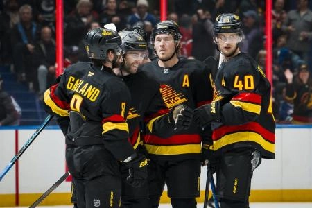 Oct 25, 2025; Vancouver, British Columbia, CAN; Vancouver Canucks forward Conor Garland (8) and forward Jake DeBrusk (74) and forward Brock Boeser (6) and forward Elias Pettersson (40) celebrate DeRusk's goal against the Montreal Canadiens in the second period at Rogers Arena.