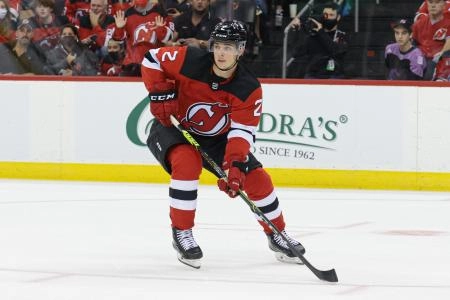 Oct 15, 2021; Newark, New Jersey, USA; New Jersey Devils defenseman Colton White (2) looks to receive a pass during the second period against the Chicago Blackhawks at Prudential Center.