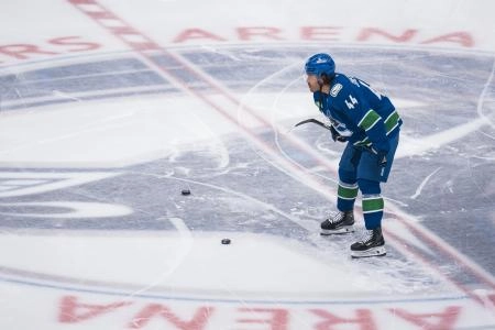 Jan 2, 2026; Vancouver, British Columbia, CAN; Vancouver Canucks forward Kiefer Sherwood (44) rests during warm up prior to a game against the Seattle Kraken at Rogers Arena.