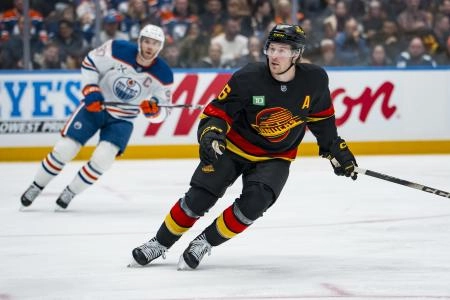 Jan 17, 2026; Vancouver, British Columbia, CAN; Vancouver Canucks forward Brock Boeser (6) skates against the Edmonton Oilers in the second period at Rogers Arena.