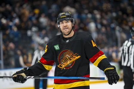 Jan 3, 2026; Vancouver, British Columbia, CAN; Vancouver Canucks forward Kiefer Sherwood (44) reacts to the loss against the Boston Bruins in overtime at Rogers Arena. Mandatory Credit: Bob Frid-Imagn Images