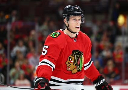 Oct 27, 2022; Chicago, Illinois, USA; Chicago Blackhawks defenseman Connor Murphy (5) during the first period against the Chicago Blackhawks at the United Center.