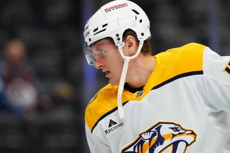 Jan 16, 2026; Denver, Colorado, USA; Nashville Predators right wing Michael McCarron (47) before the game against the Colorado Avalanche at Ball Arena