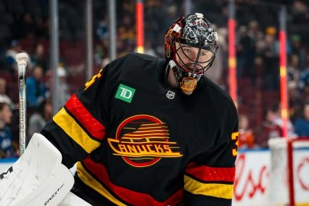 Jan 3, 2026; Vancouver, British Columbia, CAN; Vancouver Canucks goalie Thatcher Demko (35) skates in warm up prior to a game against the Boston Bruins at Rogers Arena.
