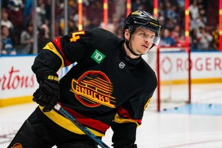 Jan 3, 2026; Vancouver, British Columbia, CAN; Vancouver Canucks forward David Kampf (64) skates in warm up prior to a game against the Boston Bruins at Rogers Arena.