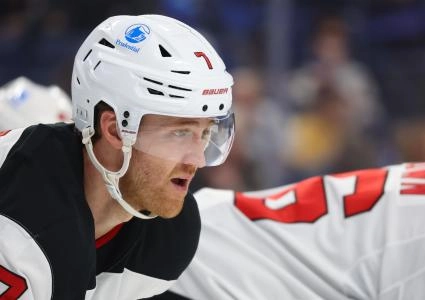 Nov 28, 2025; Buffalo, New York, USA; New Jersey Devils defenseman Dougie Hamilton (7) waits for the face-off during the second period against the Buffalo Sabres at KeyBank Center