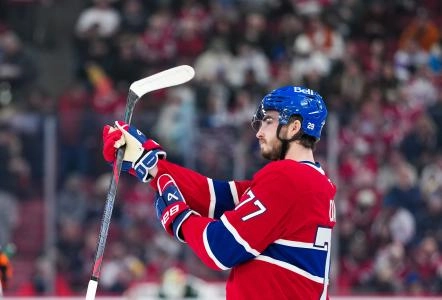 Jan 20, 2026; Montreal, Quebec, CAN; Montreal Canadiens forward Kirby Dach (77) steps on the ice during the first period of the game against the Minnesota Wild at the Bell Centre. Mandatory Credit: Eric Bolte-Imagn Images