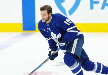 Dec 30, 2025; Toronto, Ontario, CAN; Toronto Maple Leafs center Calle Jarnkrok (19) skates during the warmup before a game against the New Jersey Devils at Scotiabank Arena