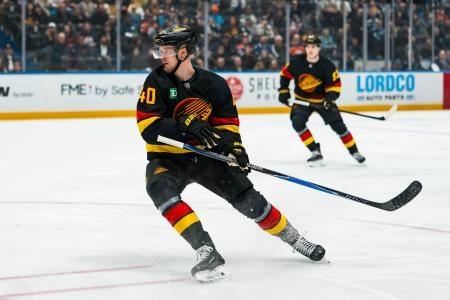 Jan 17, 2026; Vancouver, British Columbia, CAN; Vancouver Canucks forward Elias Pettersson (40) skates against the Edmonton Oilers in the first period at Rogers Arena.