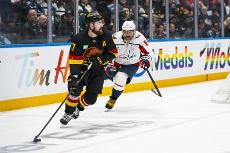 Jan 21, 2026; Vancouver, British Columbia, CAN; Washington Capitals forward Alex Ovechkin (8) pursues Vancouver Canucks defenseman Filip Hronek (17) in the third period at Rogers Arena.