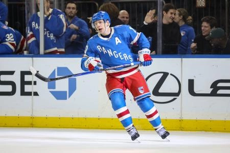 Dec 13, 2025; New York, New York, USA; New York Rangers left wing Artemi Panarin (10) circles back to center ice after scoring a goal in the first period against the Montréal Canadiens at Madison Square Garden. Mandatory Credit: Wendell Cruz-Imagn Images