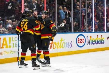 Jan 21, 2026; Vancouver, British Columbia, CAN; Vancouver Canucks forward David Kampf (64) and forward Drew O'Connor (18) and forward Brock Boeser (6) celebrate O'Connor's goal against the Washington Capitals in the second period at Rogers Arena.