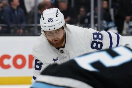 Jan 13, 2026; Salt Lake City, Utah, USA; Toronto Maple Leafs right wing William Nylander (88) waits for a face off against the Utah Mammoth during the first period at Delta Center. Mandatory Credit: Rob Gray-Imagn Images