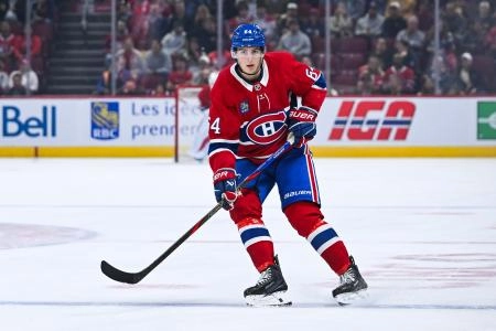 Sep 25, 2025; Montreal, Quebec, CAN; Montreal Canadiens defenseman David Reinbacher (64) skates against the Toronto Maple Leafs during the third period at Bell Centre. Mandatory Credit: David Kirouac-Imagn Images