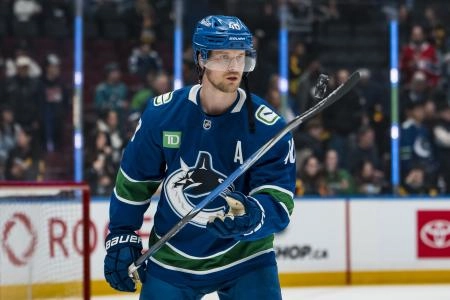 Jan 27, 2026; Vancouver, British Columbia, CAN; Vancouver Canucks forward Elias Pettersson (40) handles the puck in warm up prior to a game against the San Jose Sharks at Rogers Arena.