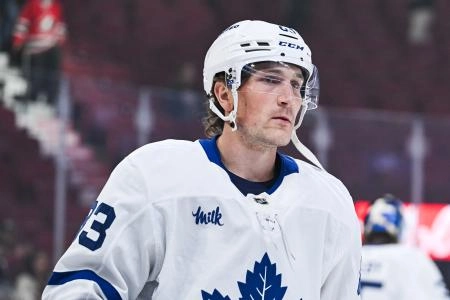 Sep 25, 2025; Montreal, Quebec, CAN; Toronto Maple Leafs defenseman Marshall Rifai (83) looks on during warm-up before the game against the Montreal Canadiens at Bell Centre