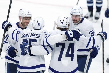 Jan 17, 2026; Winnipeg, Manitoba, CAN; Toronto Maple Leafs center Bobby McMann (74) celebrates his goal against the Winnipeg Jets in the third period at Canada Life Centre. Mandatory Credit: James Carey Lauder-Imagn Images