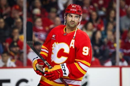 Mar 8, 2025; Calgary, Alberta, CAN; Calgary Flames center Nazem Kadri (91) against the Montreal Canadiens during the first period at Scotiabank Saddledome.