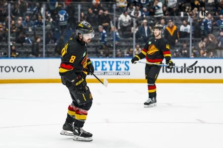 Jan 19, 2026; Vancouver, British Columbia, CAN; Vancouver Canucks forwards Conor Garland (8) and Elias Pettersson (40) react after the game against the New York Islanders at Rogers Arena