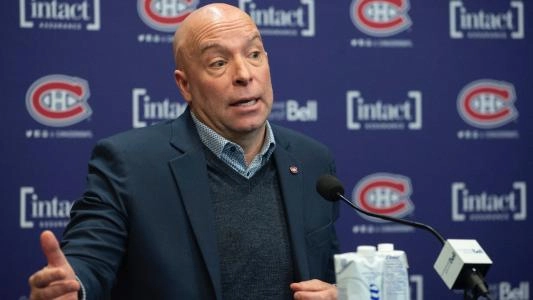 Montreal Canadiens GM Kent Hughes speaks to the media