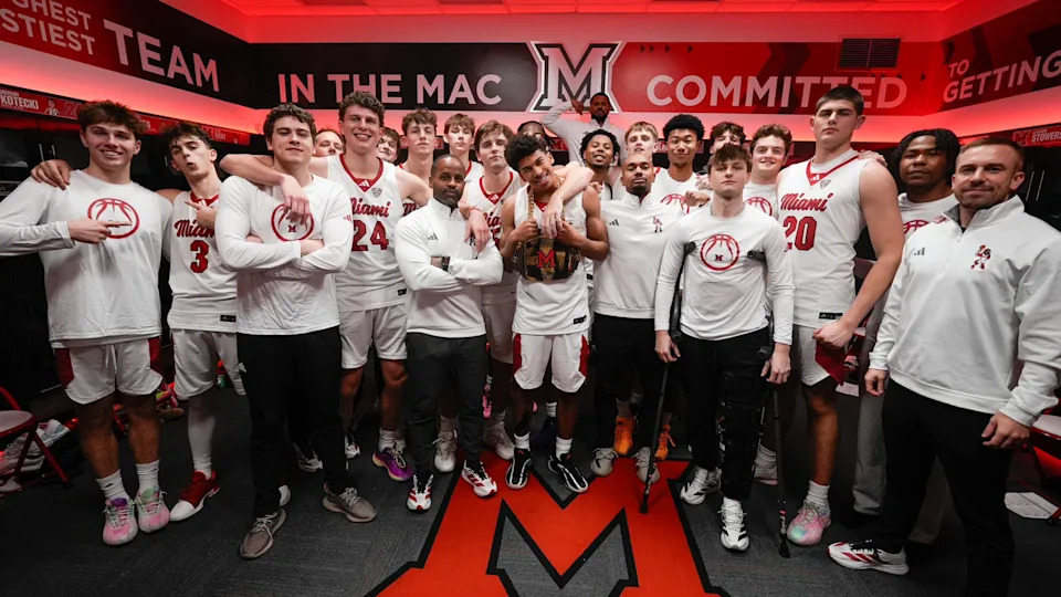 The RedHawks celebrate Tuesday's victory over Western Michigan. (Miami-Ohio Athletics)