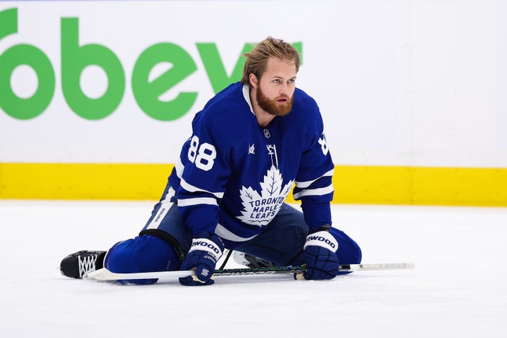 William Nylander, pictured warming up for a game earlier this season, gave his middle finger a workout in a TV moment that cost him $5,000.