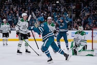 San Jose Sharks right wing Adam Gaudette (81) celebrates after scoring a goal during the...