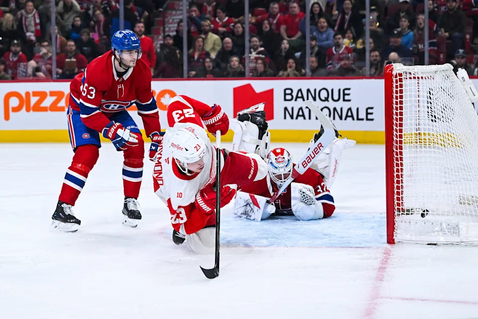 Detroit Red Wings left wing Lucas Raymond (23) scores a goal against Montreal Canadiens goalie Jacob Fowler (32) during the second period at Bell Centre in Montreal on Saturday, Jan. 10, 2026.
