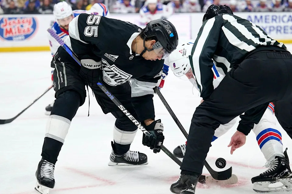 The Los Angeles Kings right wing Quinton Byfield (55) does face off against the New York Rangers at the Crypto Arena on January 20th, 2026 in Los Angeles California.