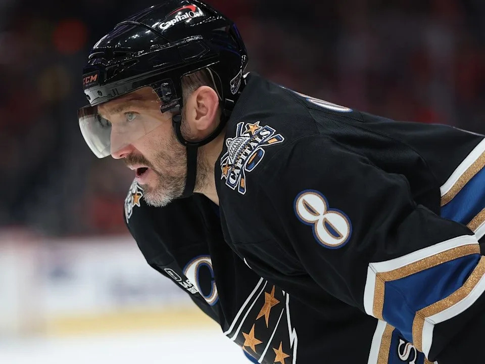 Alex Ovechkin #8 of the Washington Capitals looks on against the Pittsburgh Penguins during the second period at Capital One Arena on January 18, 2025 in Washington, DC.
