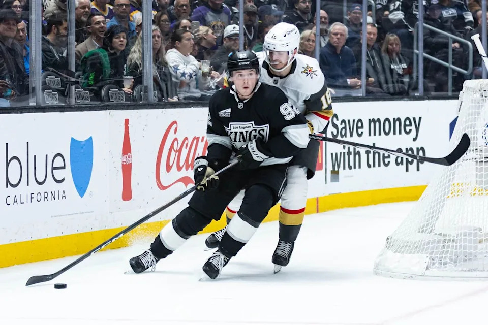Los Angeles Kings left wing Brandt Clarke (92) defends the puck during an NHL match against the Vegas Golden Knights on January 14, 2025 in Los Angeles, Calif.