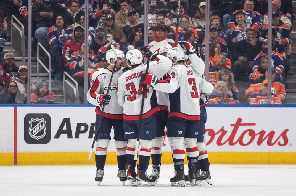 Washington Capitals players celebrate a goal against the Edmonton Oilers during second period NHL action, in Edmonton on Saturday, Jan. 24, 2026. THE CANADIAN PRESS/Jason Franson