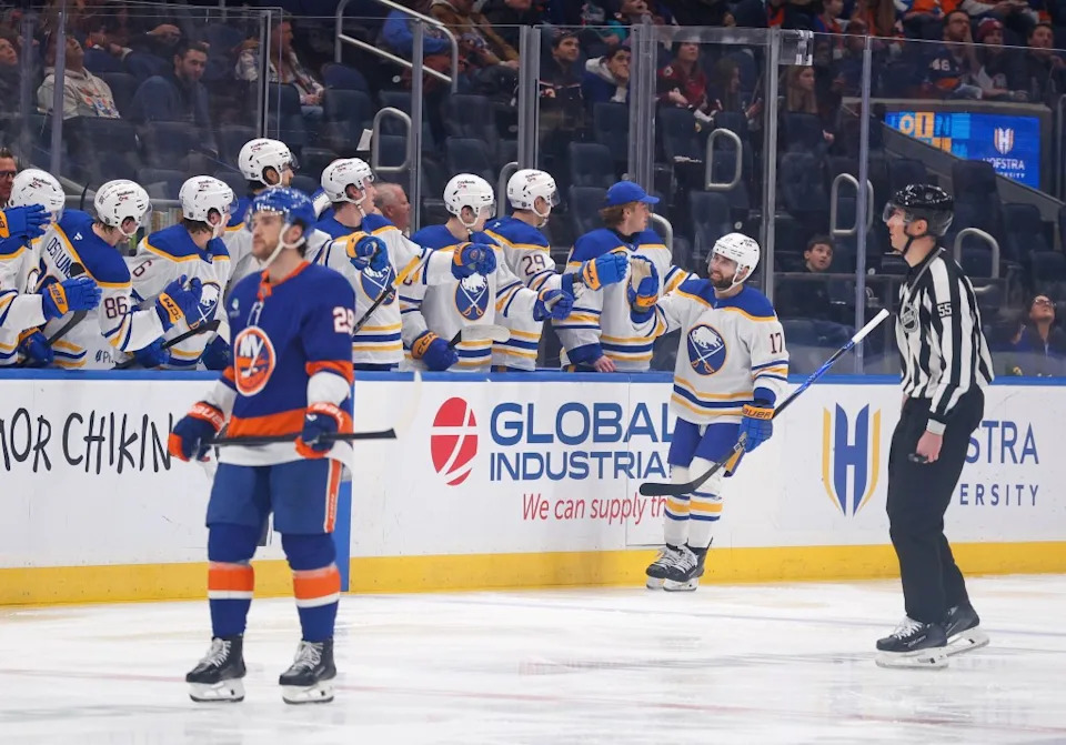 Jason Zucker of the Buffalo Sabres is greeted by his teammates on the bench after scoring a goal during the second period when the New York Islanders played the Buffalo Sabres on Saturday, January 24, 2026 at UBS Arena in Elmont, NY. Robert Sabo for NY Post