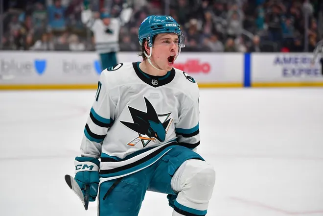 Jan 7, 2026; Los Angeles, California, USA; San Jose Sharks center Macklin Celebrini (71) celebrates his goal scored against the Los Angeles Kings during the third period at Crypto.com Arena.
