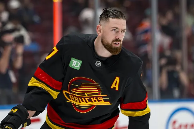 Jan 17, 2026; Vancouver, British Columbia, CAN; Vancouver Canucks defenseman Filip Hronek (17) skates during warm ups prior to a game against the Edmonton Oilers at Rogers Arena.