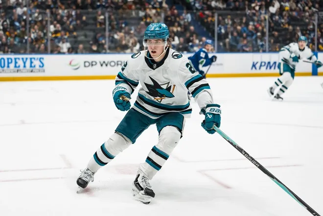 Jan 27, 2026; Vancouver, British Columbia, CAN; San Jose Sharks forward Will Smith (2) skates against the Vancouver Canucks in the third period at Rogers Arena.