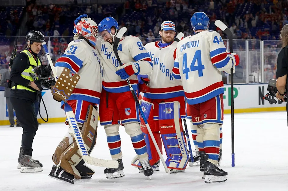 New York Rangers celebrate their 5-1 victory against the Florida Panthers during the 2026 Discover NHL Winter Classic at LoanDepot Park on January 2, 2026 in Miami, Florida. NHLI via Getty Images
