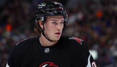 Buffalo Sabres right wing Josh Doan (91) lines up for a faceoff during the first period of an NHL hockey game against the St. Louis Blues Thursday, Nov. 6, 2025, in Buffalo, N.Y. (AP Photo/Jeffrey T. Barnes)