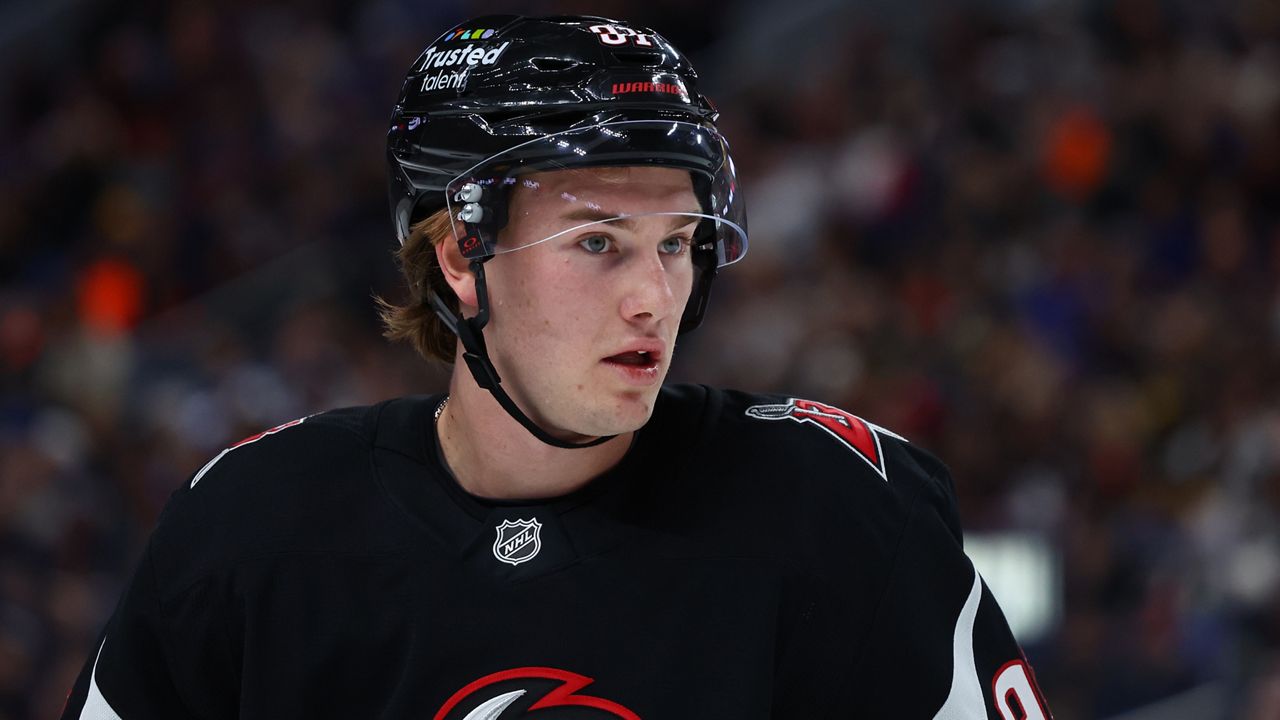 Buffalo Sabres right wing Josh Doan (91) lines up for a faceoff during the first period of an NHL hockey game against the St. Louis Blues Thursday, Nov. 6, 2025, in Buffalo, N.Y. (AP Photo/Jeffrey T. Barnes)