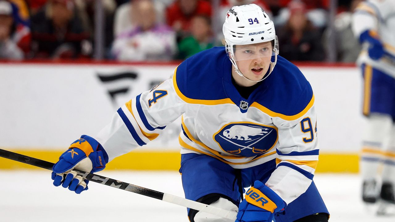 Buffalo Sabres' Konsta Helenius skates after the puck during the third period of an NHL hockey game against the Carolina Hurricanes in Raleigh, N.C., Monday, Jan. 19, 2026. (AP Photo/Karl DeBlaker)