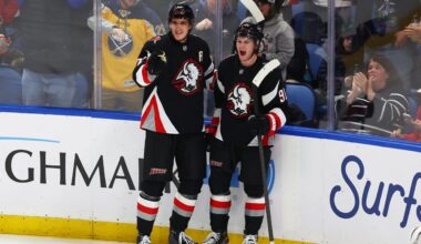 Buffalo Sabres center Tage Thompson (72 celebrates his goal with right wing Josh Doan (91) during the third period of an NHL hockey game against the Montreal Canadiens Thursday, Jan. 15, 2026, in Buffalo, N.Y. (AP Photo/Jeffrey T. Barnes)