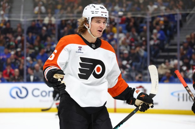 The Flyers' Trevor Zegras had 41 points in his first 41 games. (AP Photo/Jeffrey T. Barnes)