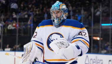 Buffalo Sabres goaltender Colten Ellis (92) skates during a pause in play during the second period of an NHL hockey game against the New York Rangers