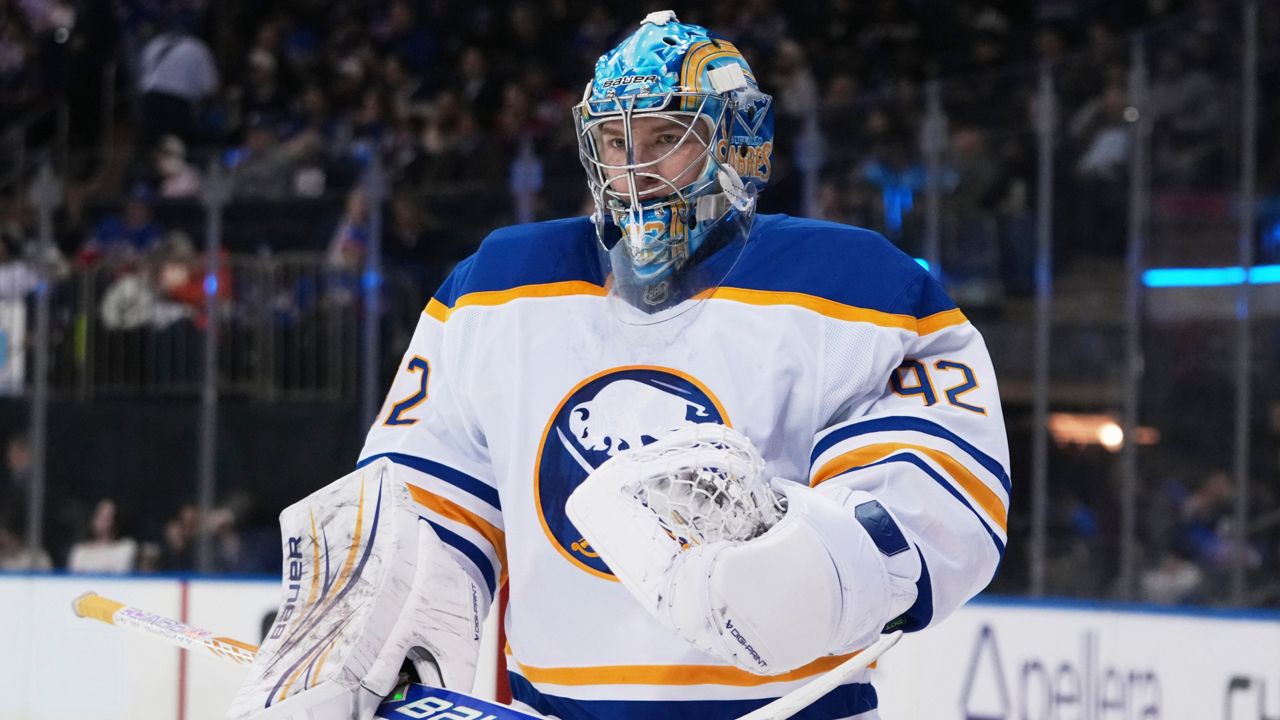 Buffalo Sabres goaltender Colten Ellis (92) skates during a pause in play during the second period of an NHL hockey game against the New York Rangers
