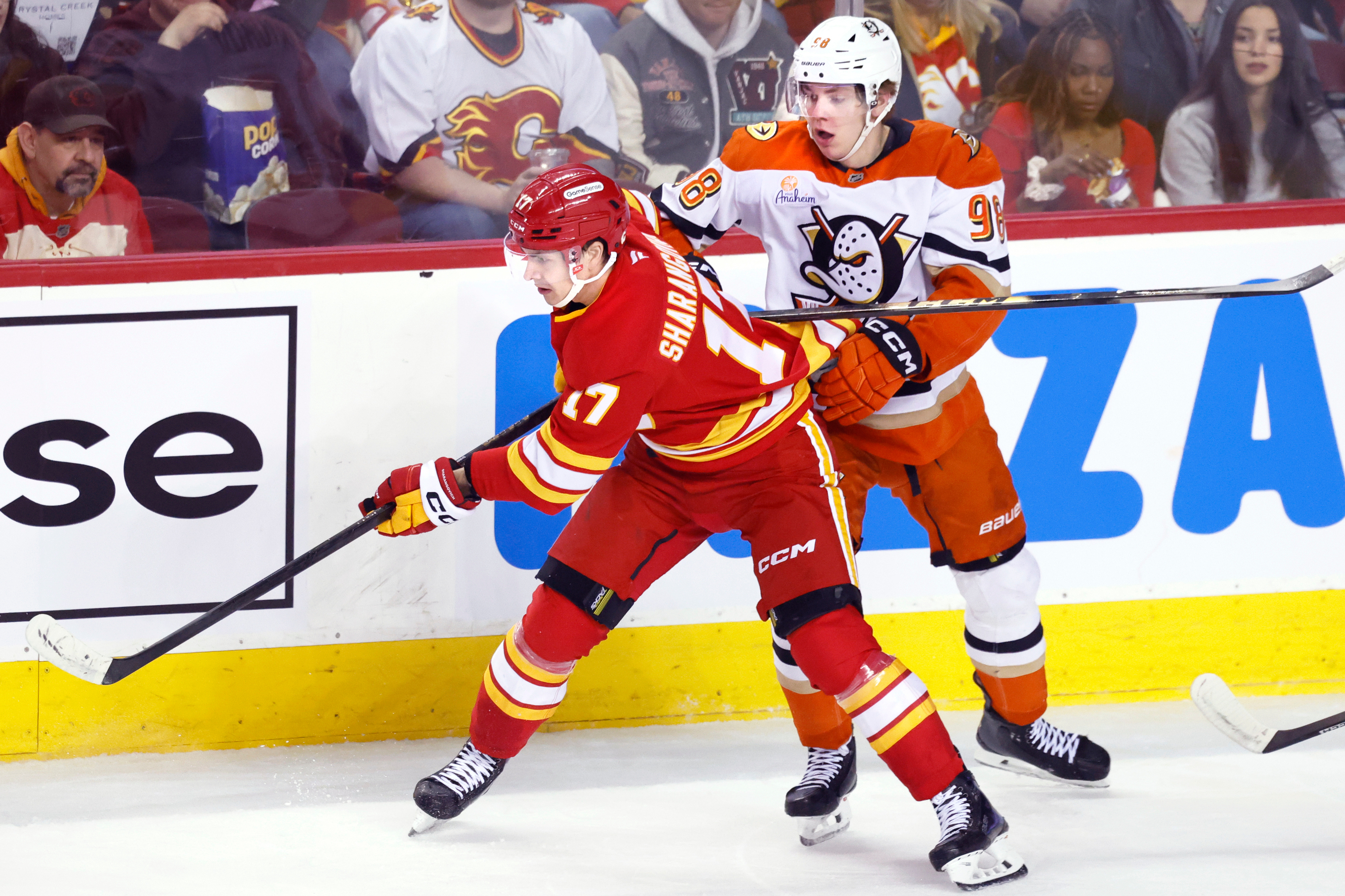 Ducks’ Pavel Mintyukov (98) and Calgary Flames’ Yegor Sharangovich, left,...