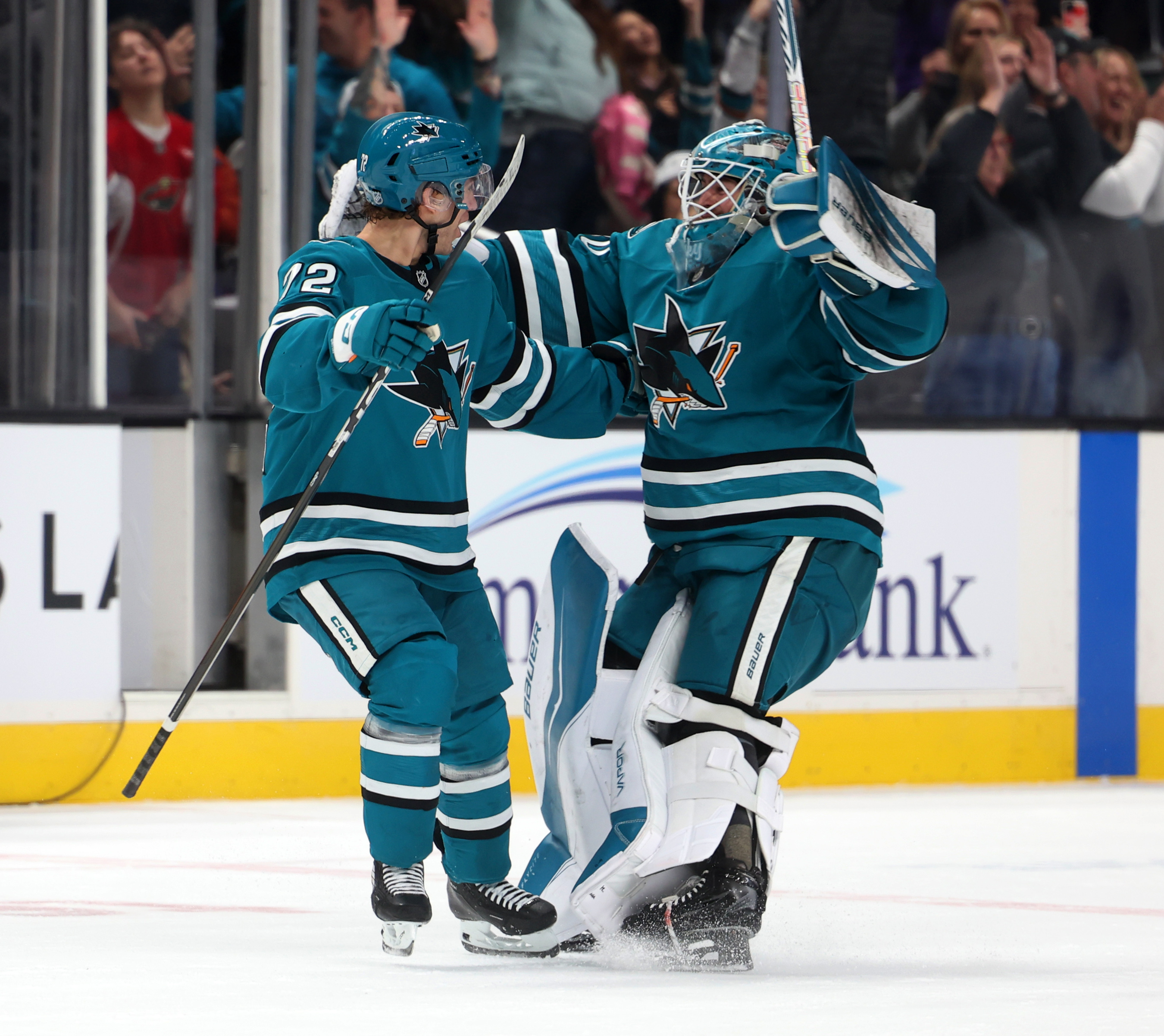 San Jose Sharks forward William Eklund (72) celebrates his shootout...